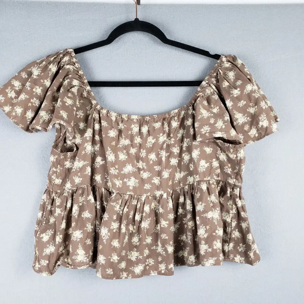American Eagle Women's M Tiered Babydoll Crop Blouse‎ Brown Floral Cottagecore